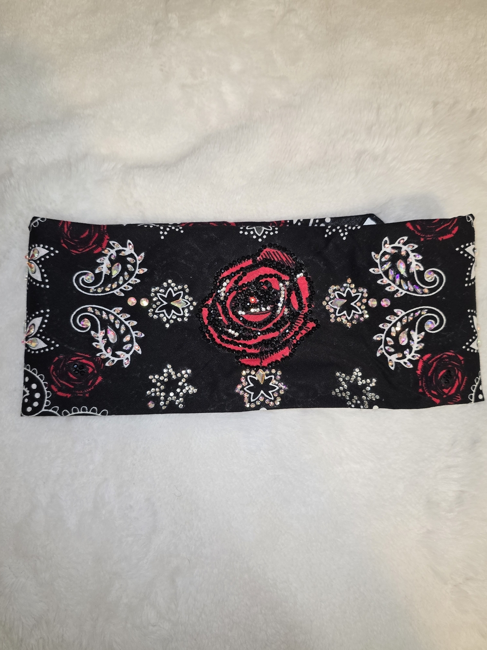 Black and Red Rose Bandeau Headband with Rhinestones
